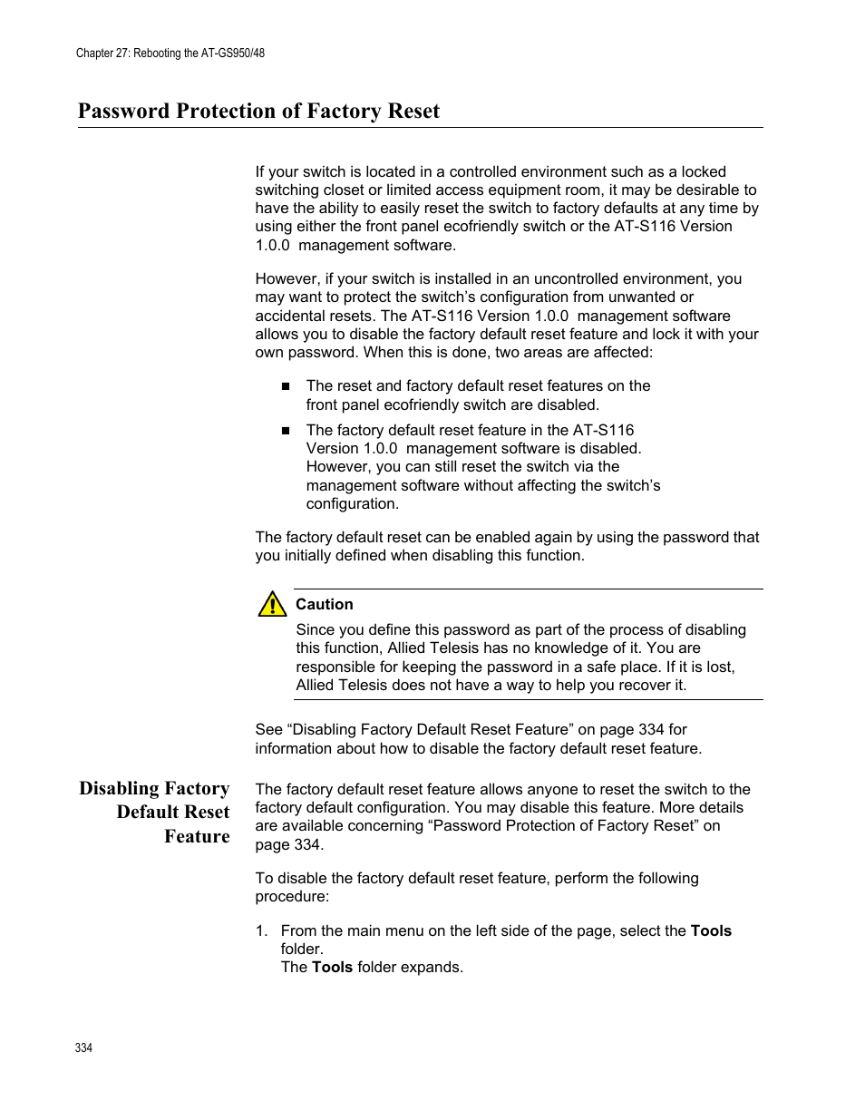 Password protection of factory reset, Disabling factory default reset feature | Allied Telesis AT-GS950/48 User Manual | Page 334 / 378