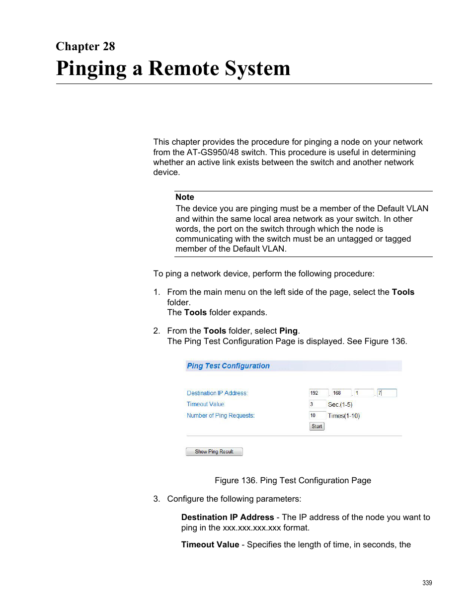 Chapter 28, Pinging a remote system | Allied Telesis AT-GS950/48 User Manual | Page 339 / 378