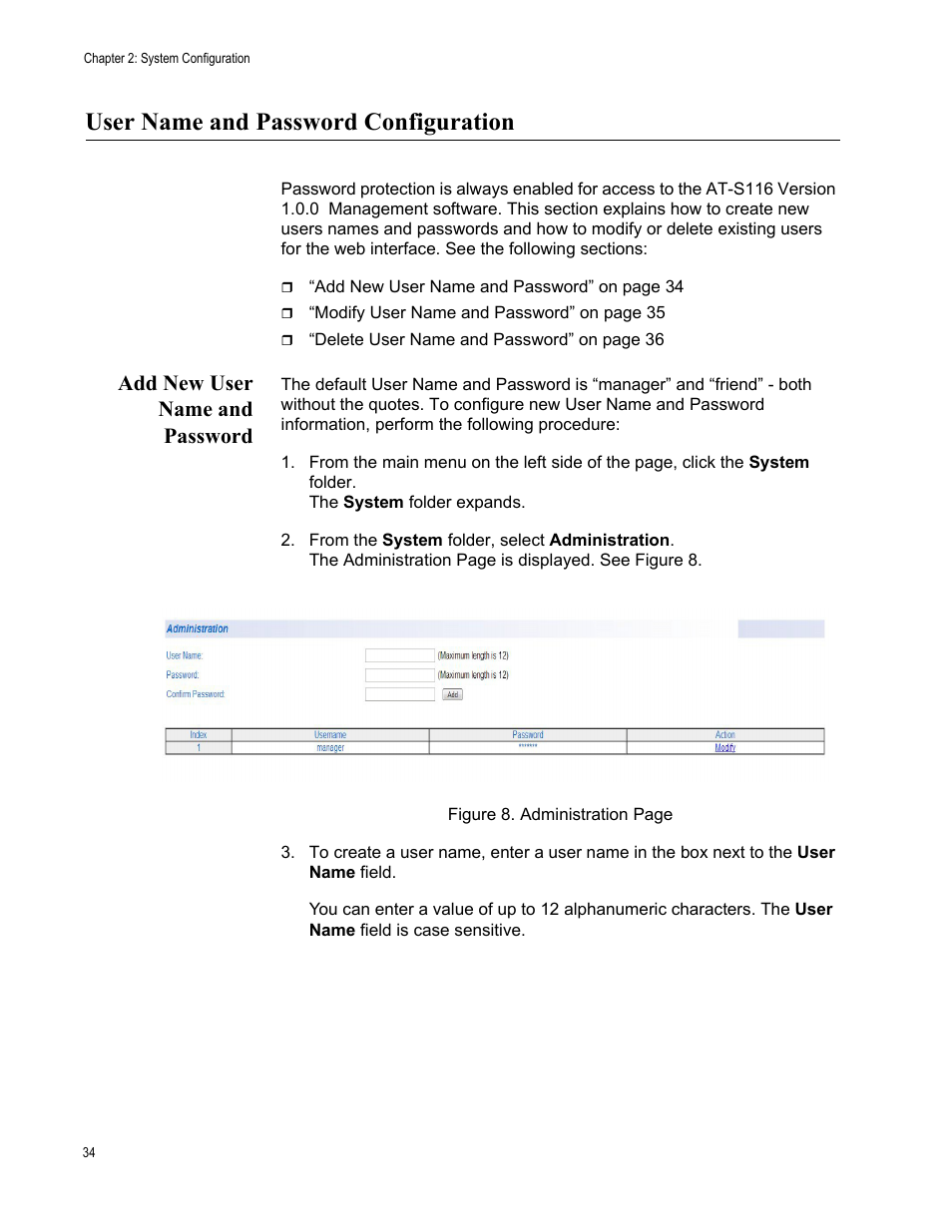 User name and password configuration, Add new user name and password | Allied Telesis AT-GS950/48 User Manual | Page 34 / 378