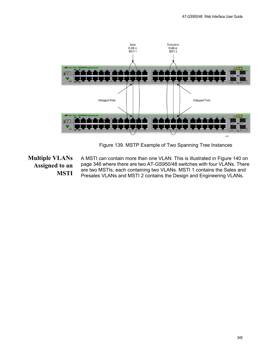 Multiple vlans assigned to an msti | Allied Telesis AT-GS950/48 User Manual | Page 345 / 378