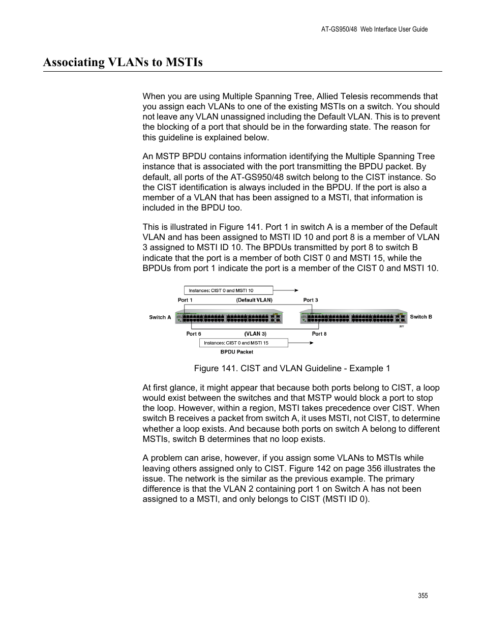 Associating vlans to mstis, Figure 141. cist and vlan guideline - example 1 | Allied Telesis AT-GS950/48 User Manual | Page 355 / 378