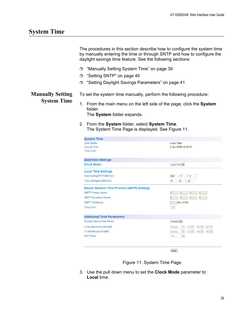 System time, Manually setting system time | Allied Telesis AT-GS950/48 User Manual | Page 39 / 378