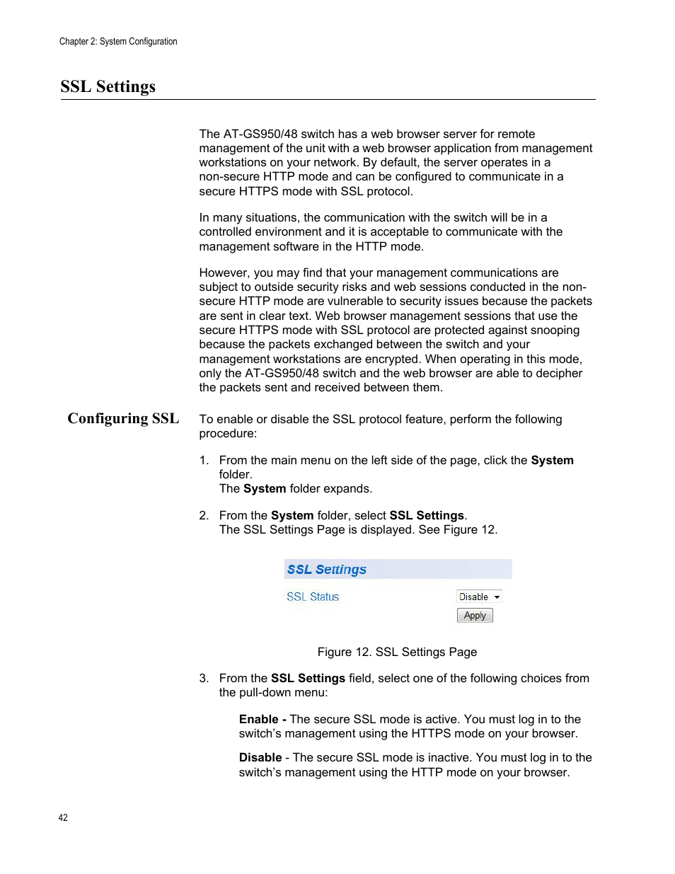 Ssl settings, Configuring ssl | Allied Telesis AT-GS950/48 User Manual | Page 42 / 378