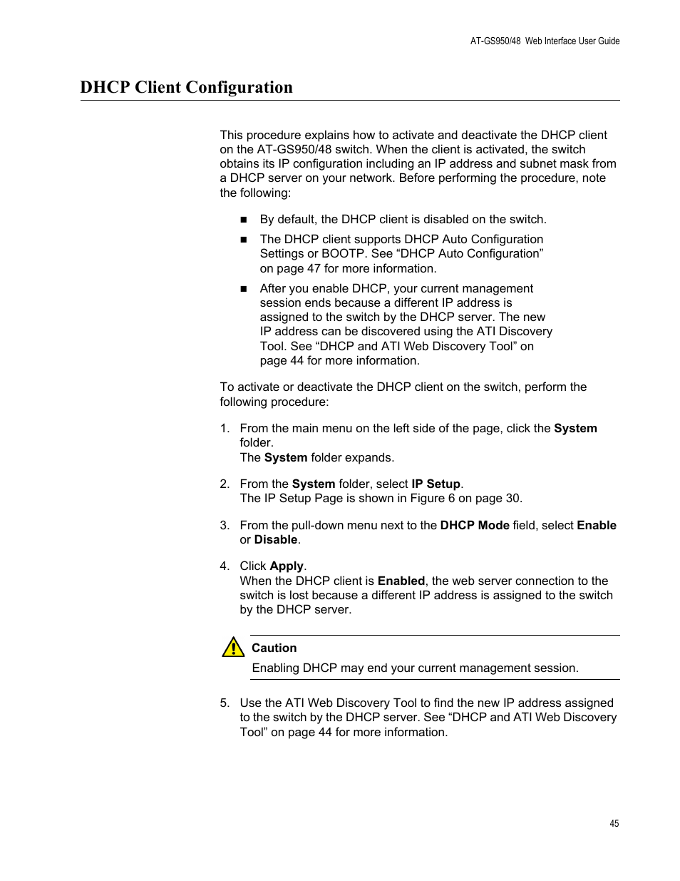Dhcp client configuration | Allied Telesis AT-GS950/48 User Manual | Page 45 / 378