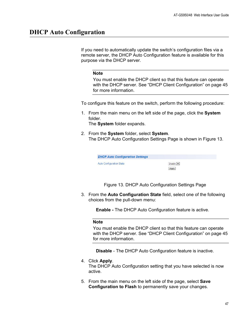 Dhcp auto configuration | Allied Telesis AT-GS950/48 User Manual | Page 47 / 378
