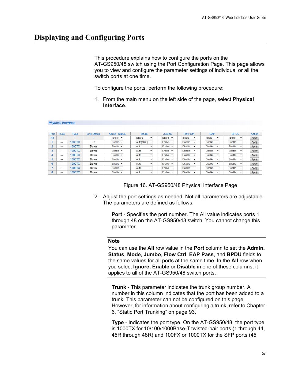Displaying and configuring ports | Allied Telesis AT-GS950/48 User Manual | Page 57 / 378