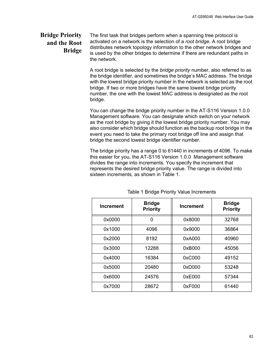 Bridge priority and the root bridge, Table 1. bridge priority value increments | Allied Telesis AT-GS950/48 User Manual | Page 63 / 378