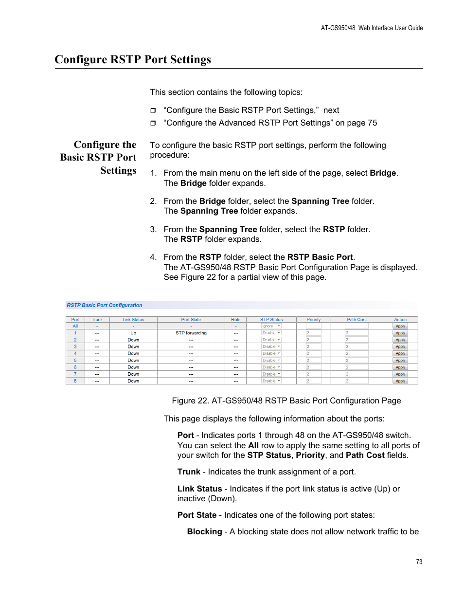 Configure rstp port settings, Configure the basic rstp port settings | Allied Telesis AT-GS950/48 User Manual | Page 73 / 378