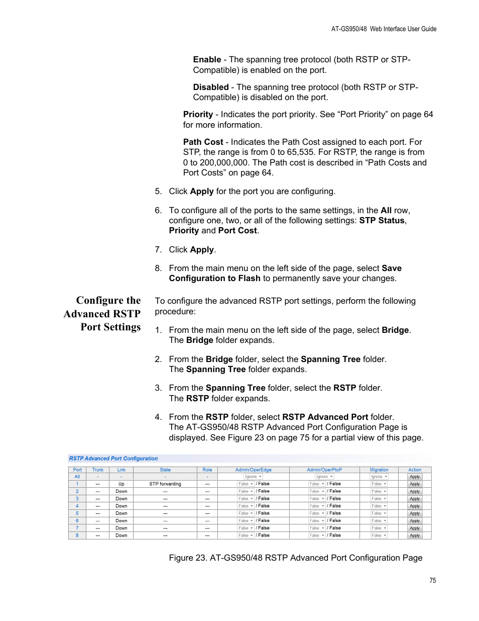 Configure the advanced rstp port settings | Allied Telesis AT-GS950/48 User Manual | Page 75 / 378