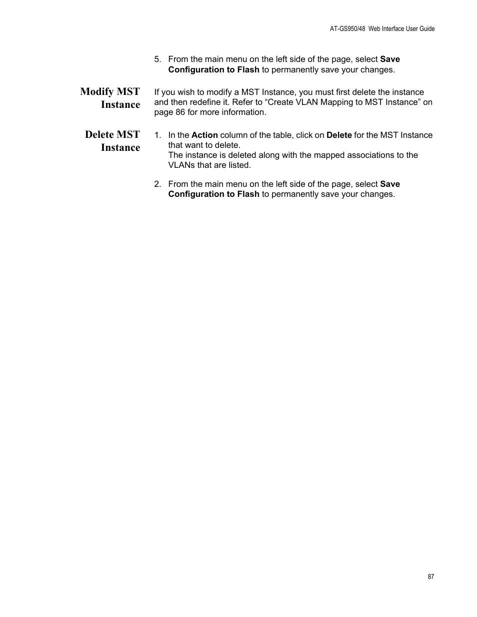 Modify mst instance, Delete mst instance, Modify mst instance delete mst instance | Allied Telesis AT-GS950/48 User Manual | Page 87 / 378