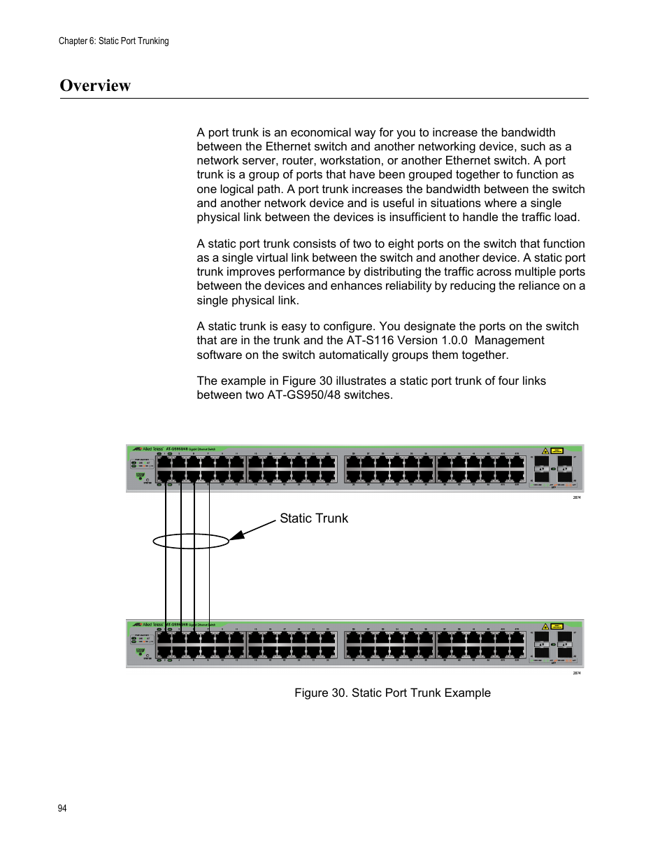 Overview, Figure 30. static port trunk example | Allied Telesis AT-GS950/48 User Manual | Page 94 / 378