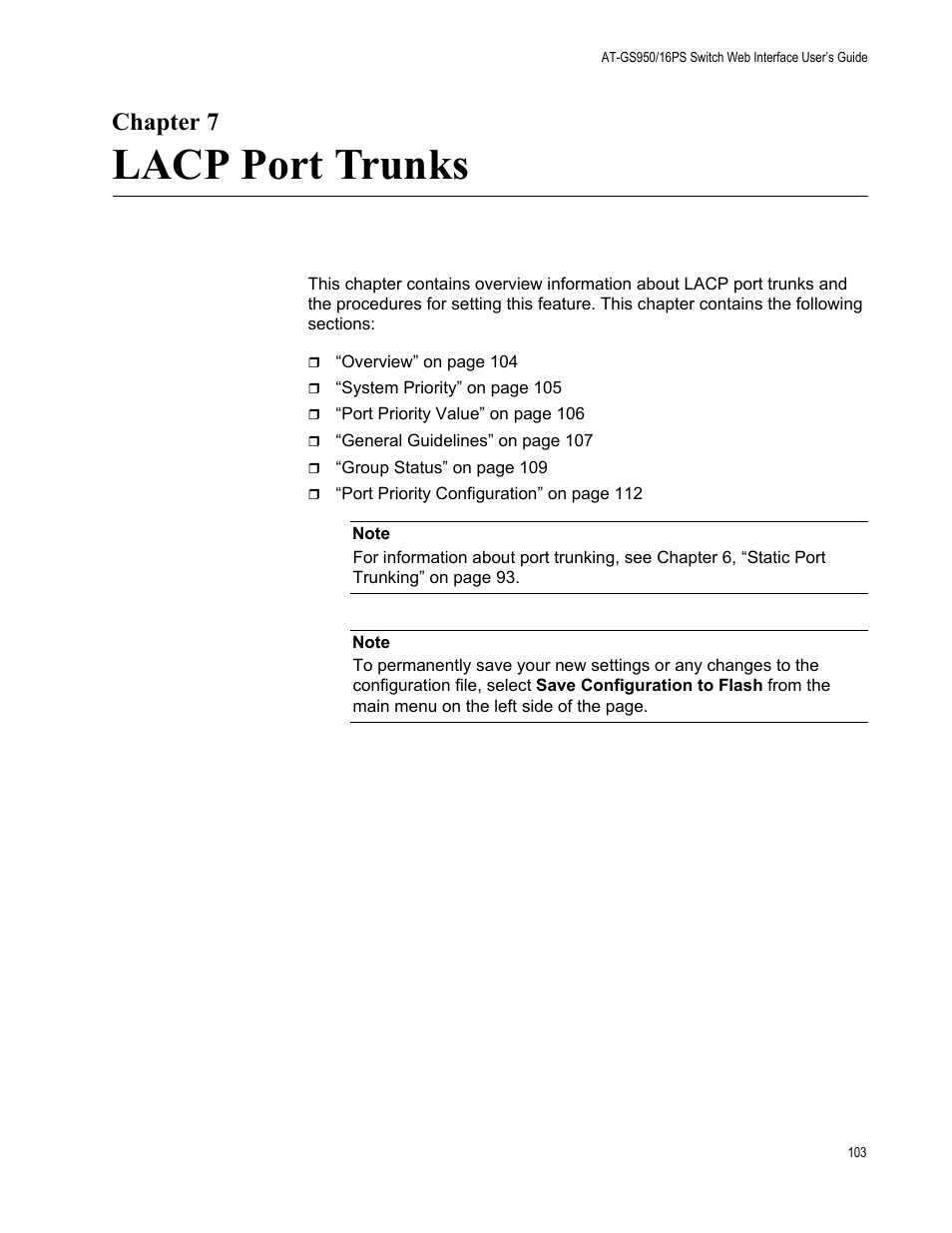 Chapter 7, Lacp port trunks | Allied Telesis AT-GS950/16PS User Manual | Page 103 / 386