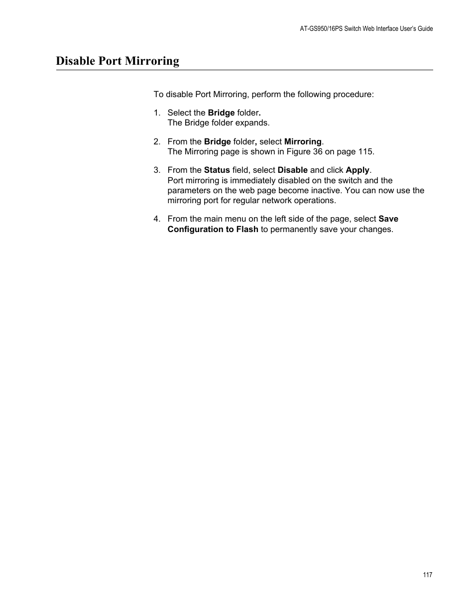 Disable port mirroring | Allied Telesis AT-GS950/16PS User Manual | Page 117 / 386