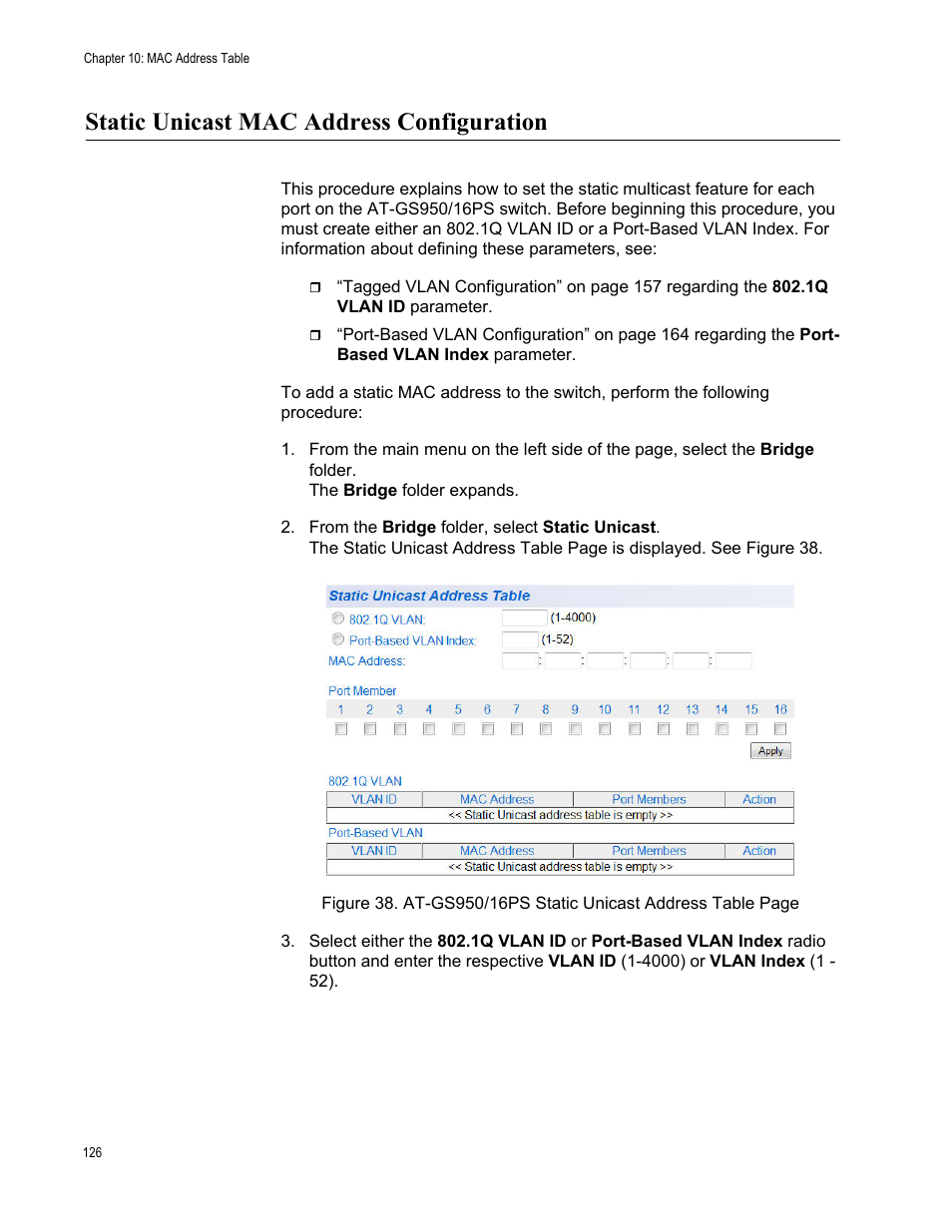 Static unicast mac address configuration | Allied Telesis AT-GS950/16PS User Manual | Page 126 / 386