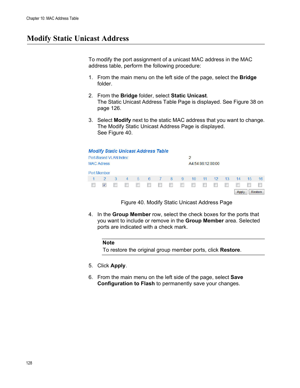 Modify static unicast address | Allied Telesis AT-GS950/16PS User Manual | Page 128 / 386