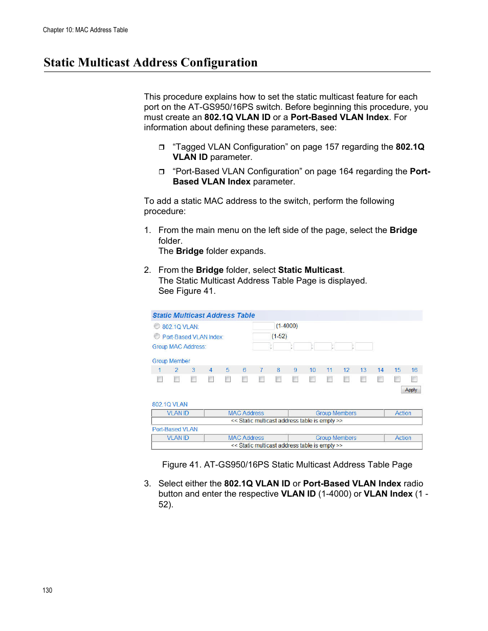 Static multicast address configuration | Allied Telesis AT-GS950/16PS User Manual | Page 130 / 386