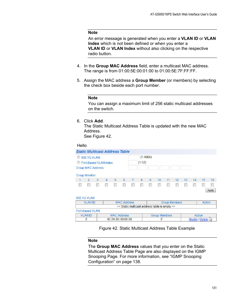 Figure 42. static multicast address table example | Allied Telesis AT-GS950/16PS User Manual | Page 131 / 386