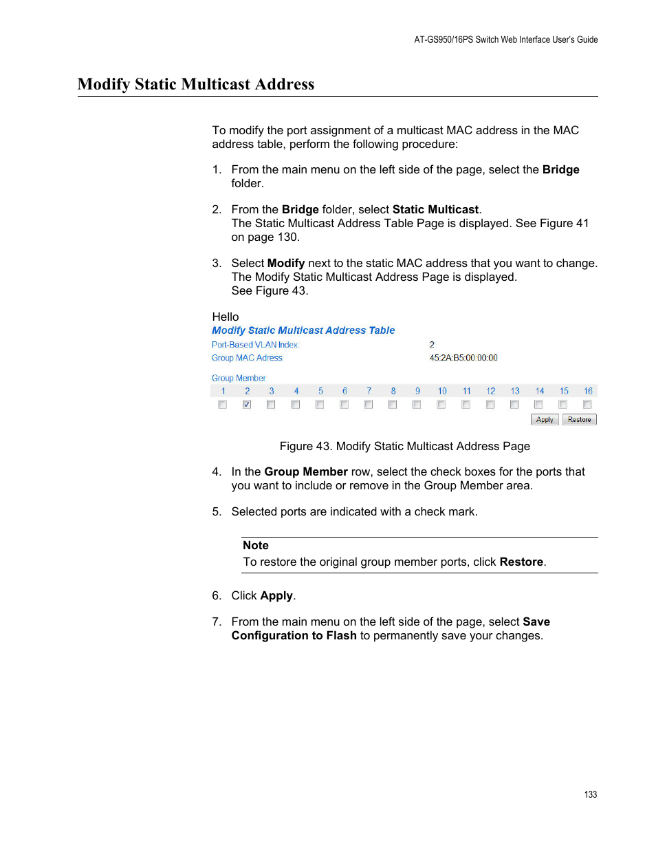 Modify static multicast address | Allied Telesis AT-GS950/16PS User Manual | Page 133 / 386