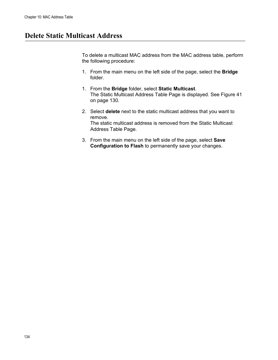 Delete static multicast address | Allied Telesis AT-GS950/16PS User Manual | Page 134 / 386