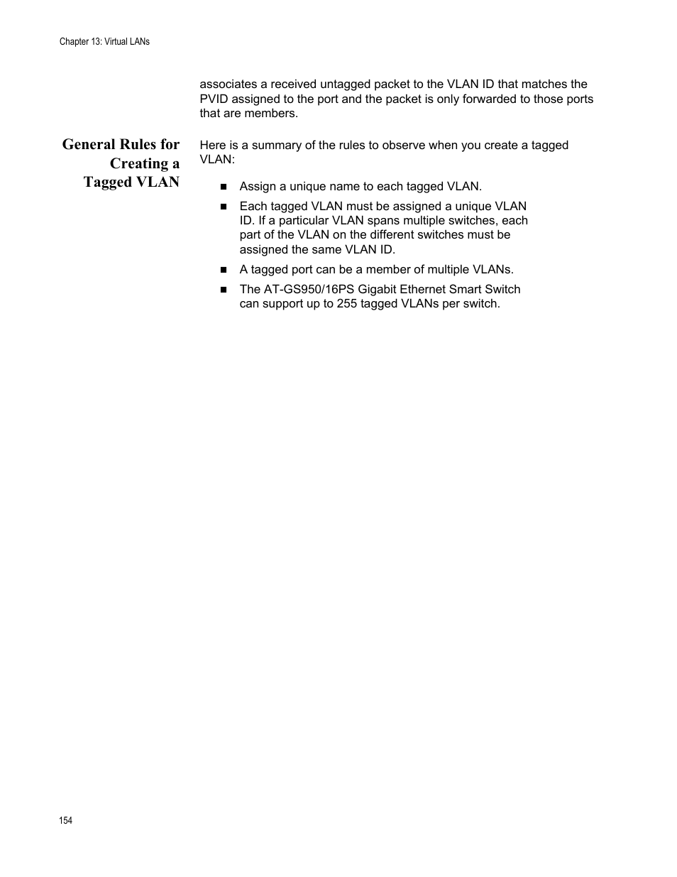 General rules for creating a tagged vlan | Allied Telesis AT-GS950/16PS User Manual | Page 154 / 386