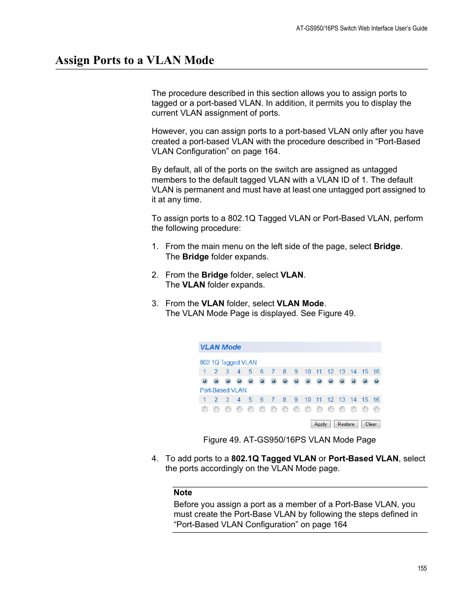 Assign ports to a vlan mode | Allied Telesis AT-GS950/16PS User Manual | Page 155 / 386