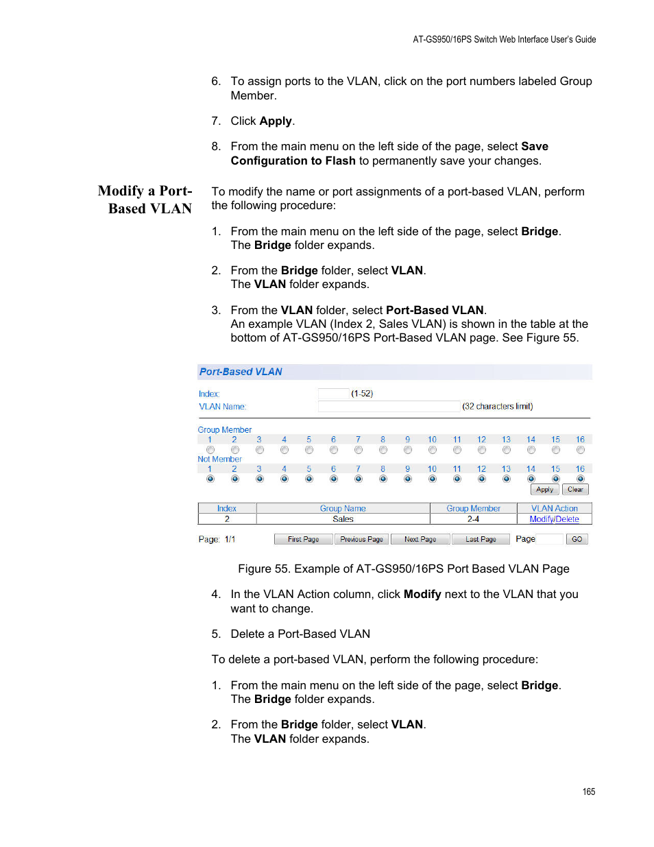 Modify a port- based vlan, Modify a port-based vlan | Allied Telesis AT-GS950/16PS User Manual | Page 165 / 386