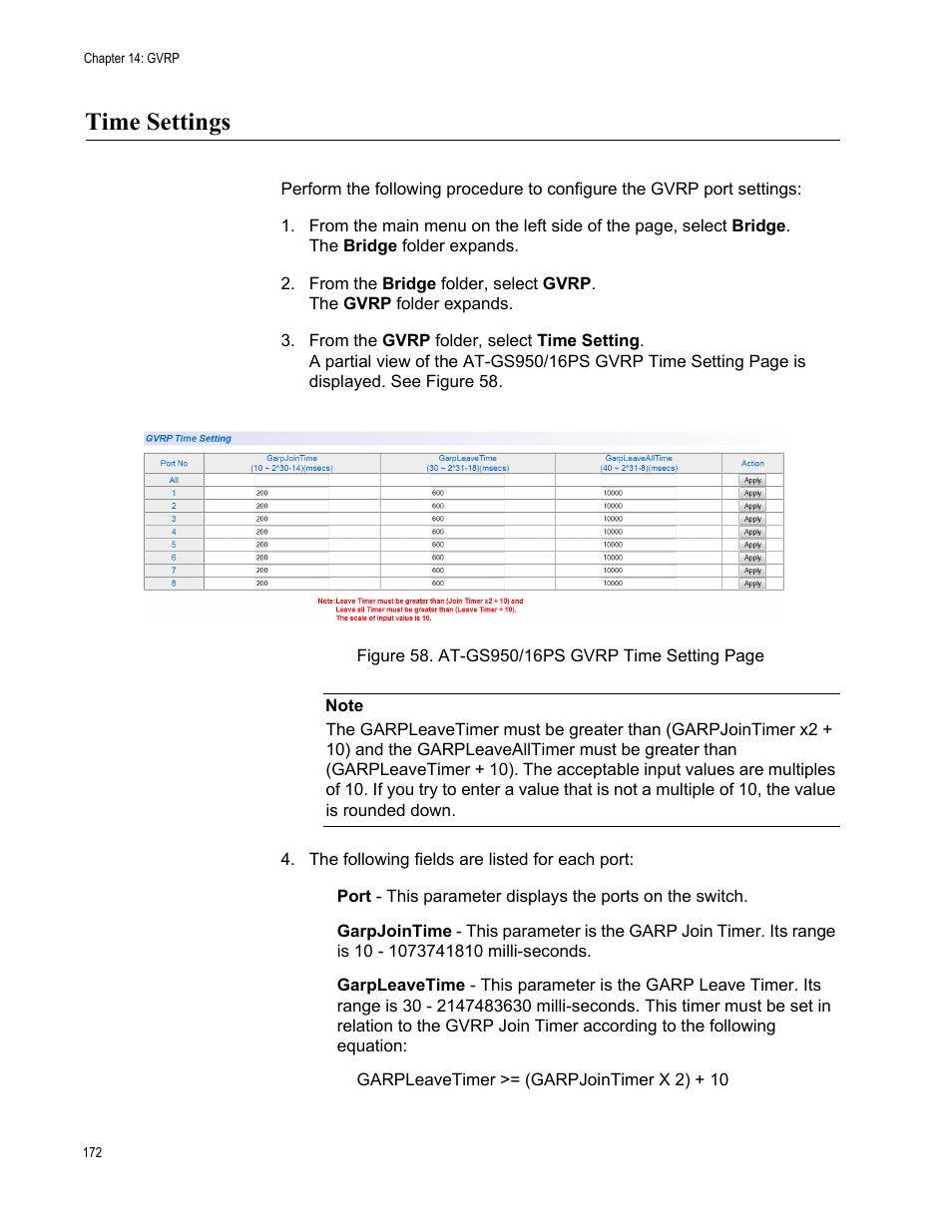 Time settings | Allied Telesis AT-GS950/16PS User Manual | Page 172 / 386