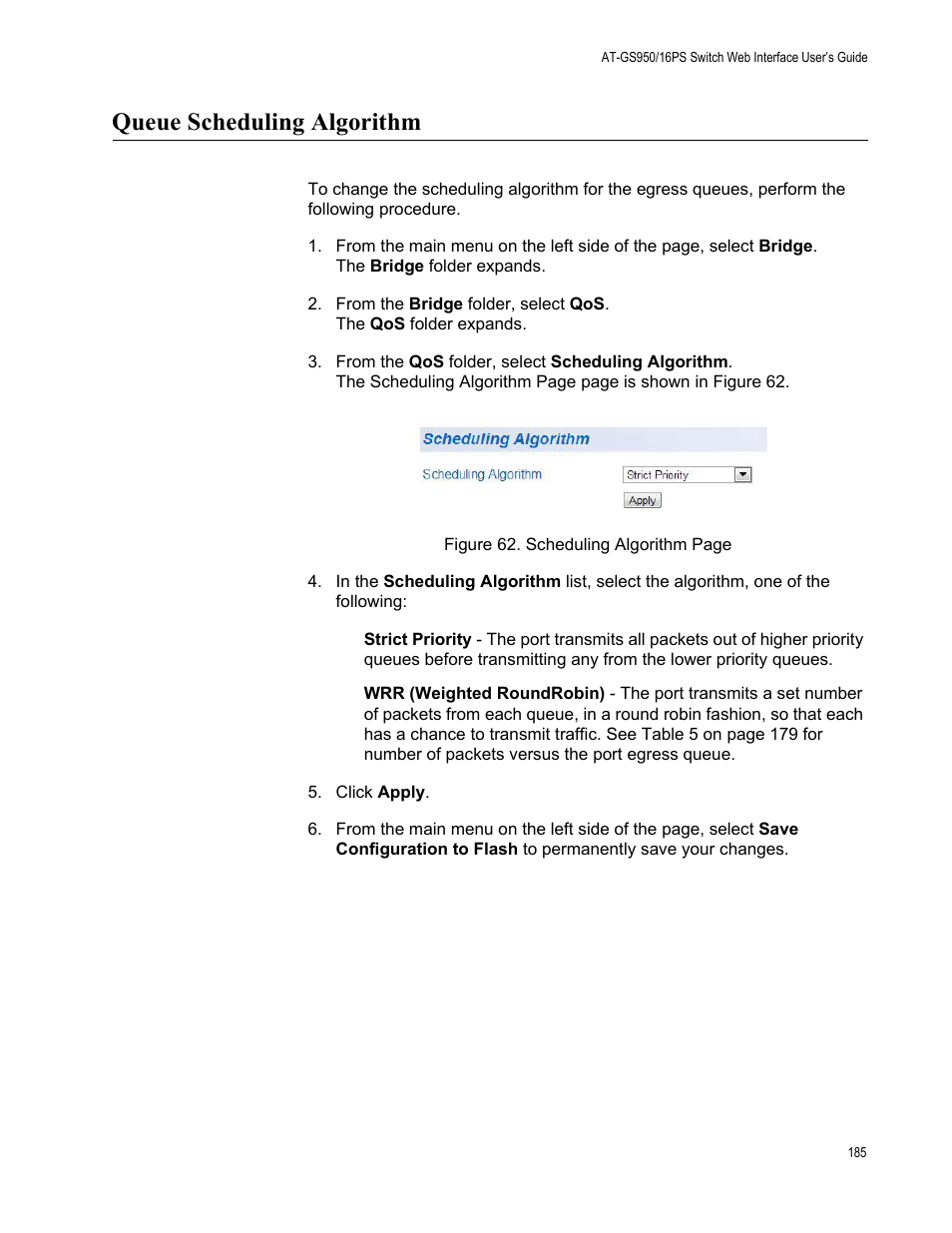 Queue scheduling algorithm | Allied Telesis AT-GS950/16PS User Manual | Page 185 / 386