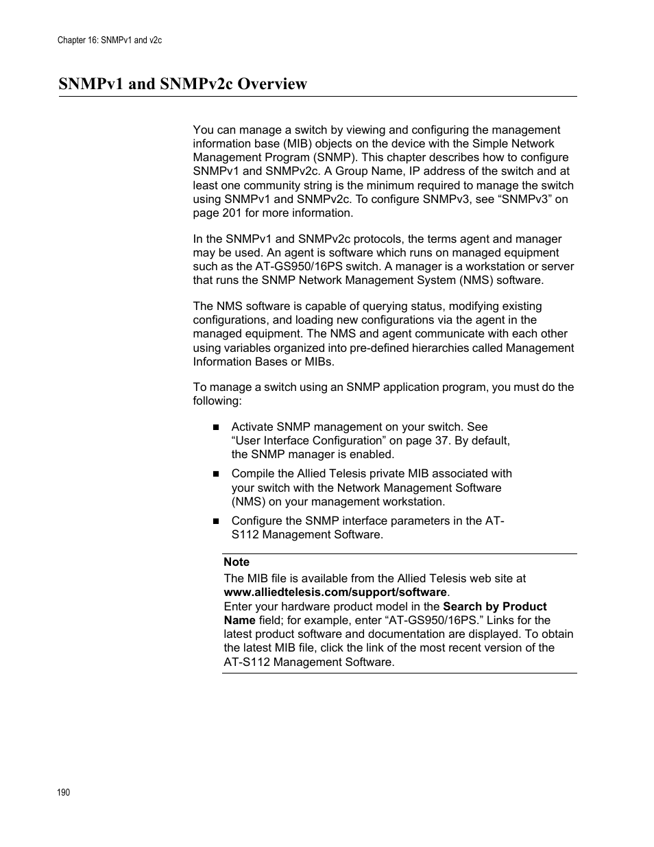 Snmpv1 and snmpv2c overview | Allied Telesis AT-GS950/16PS User Manual | Page 190 / 386
