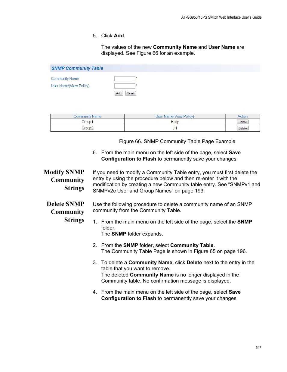 Modify snmp community strings, Delete snmp community strings | Allied Telesis AT-GS950/16PS User Manual | Page 197 / 386