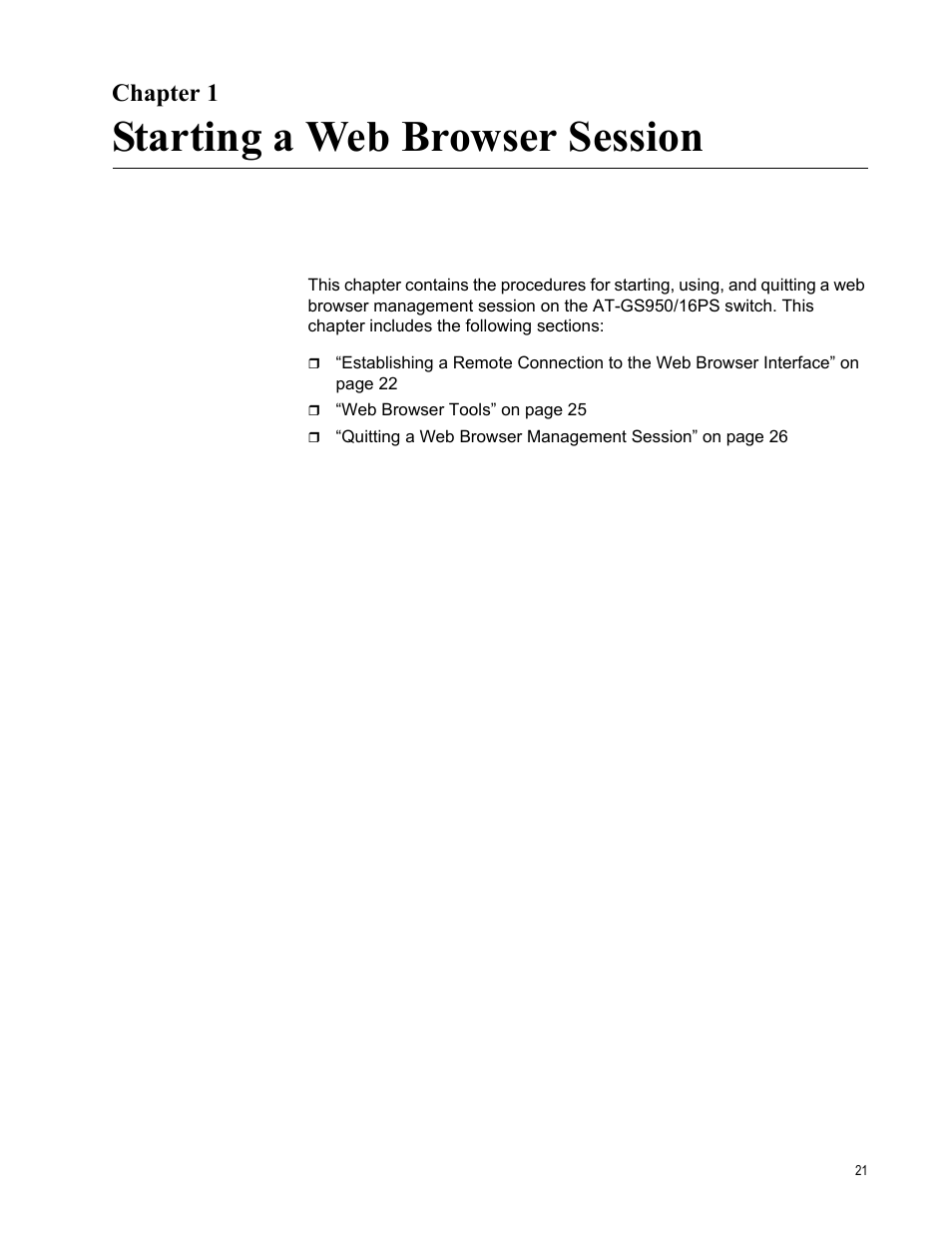 Chapter 1, Starting a web browser session, Chapte | Allied Telesis AT-GS950/16PS User Manual | Page 21 / 386