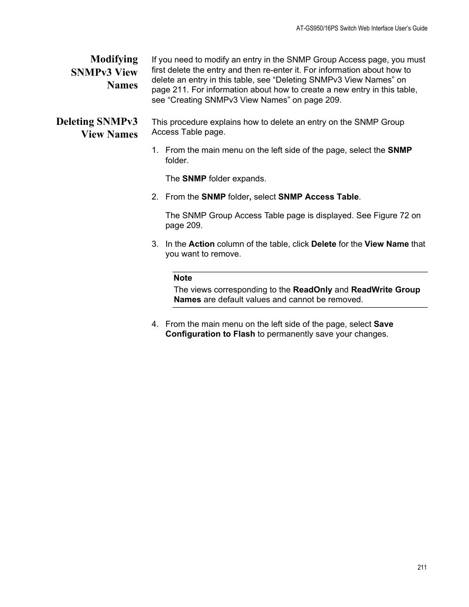 Modifying snmpv3 view names, Deleting snmpv3 view names | Allied Telesis AT-GS950/16PS User Manual | Page 211 / 386