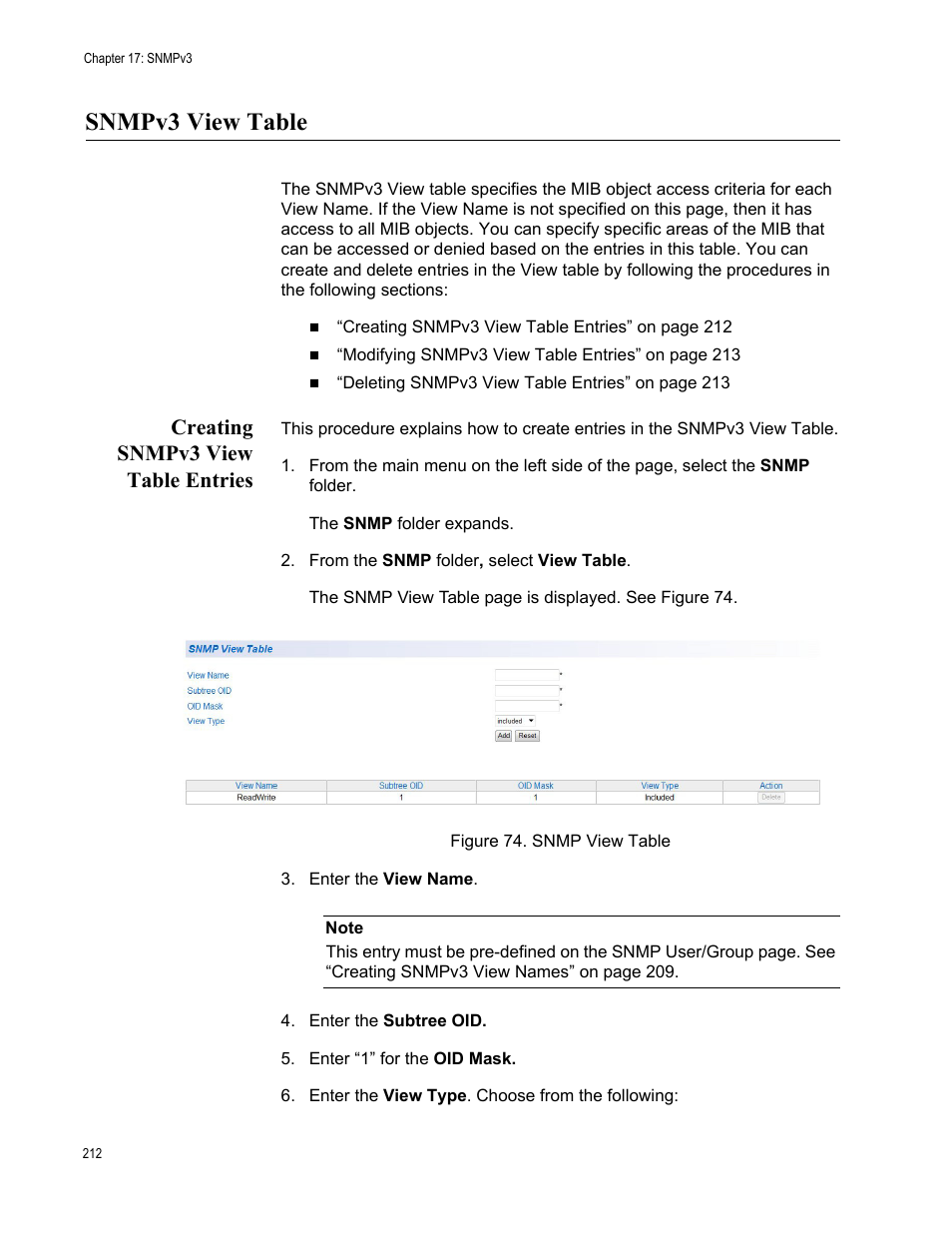 Snmpv3 view table, Creating snmpv3 view table entries, Figure 74. snmp view table | Allied Telesis AT-GS950/16PS User Manual | Page 212 / 386