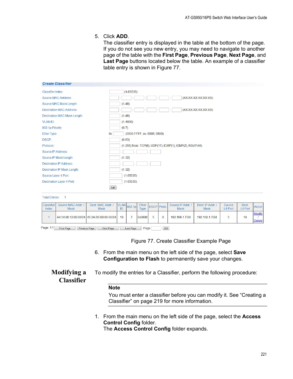 Modifying a classifier | Allied Telesis AT-GS950/16PS User Manual | Page 221 / 386