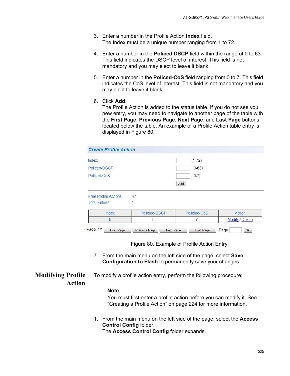 Modifying profile action, Figure 80. example of profile action entry | Allied Telesis AT-GS950/16PS User Manual | Page 225 / 386