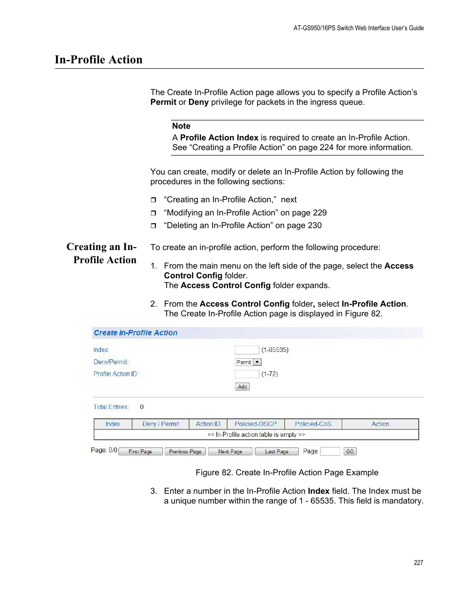 In-profile action, Creating an in- profile action, Creating an in-profile action | Allied Telesis AT-GS950/16PS User Manual | Page 227 / 386