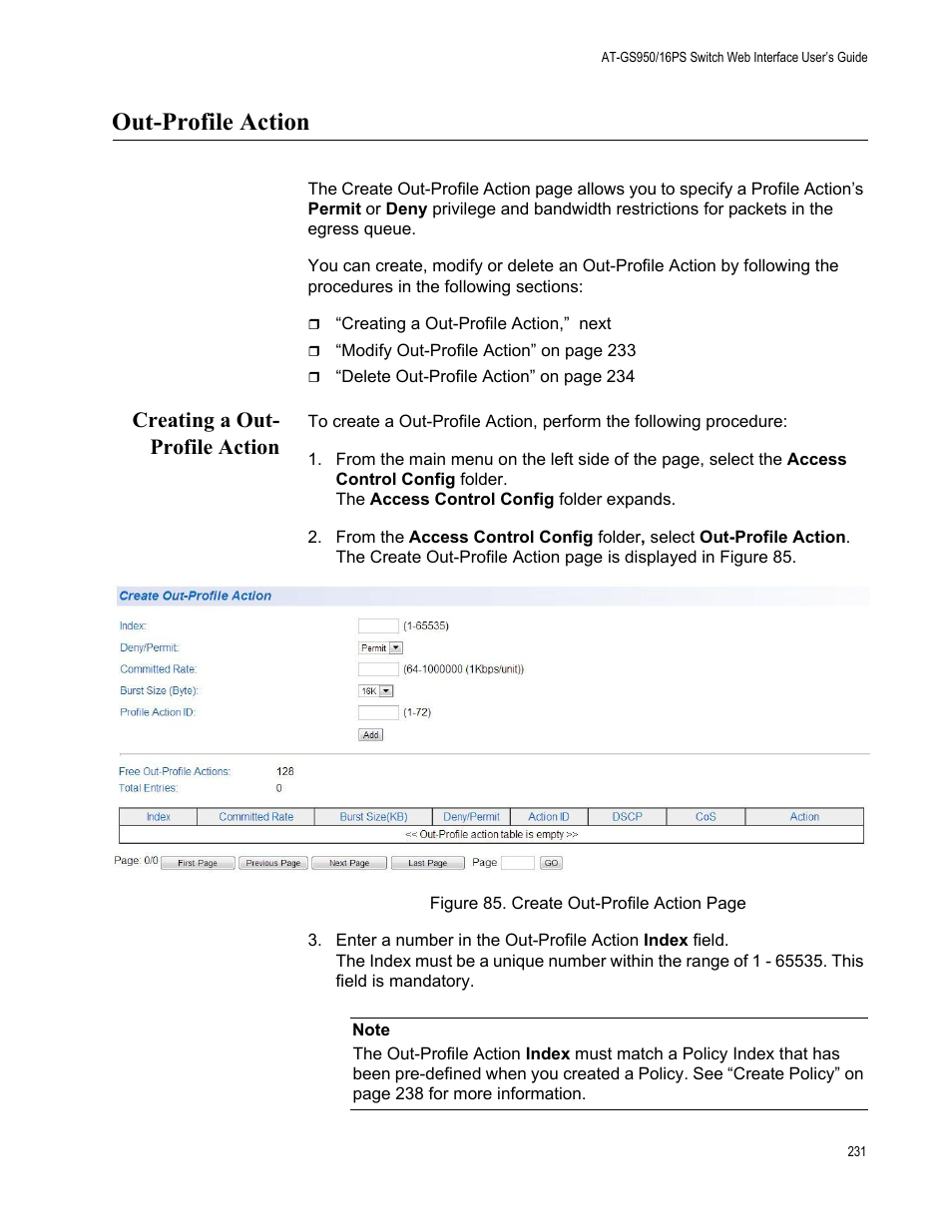 Out-profile action, Creating a out- profile action, Creating a out-profile action | Allied Telesis AT-GS950/16PS User Manual | Page 231 / 386