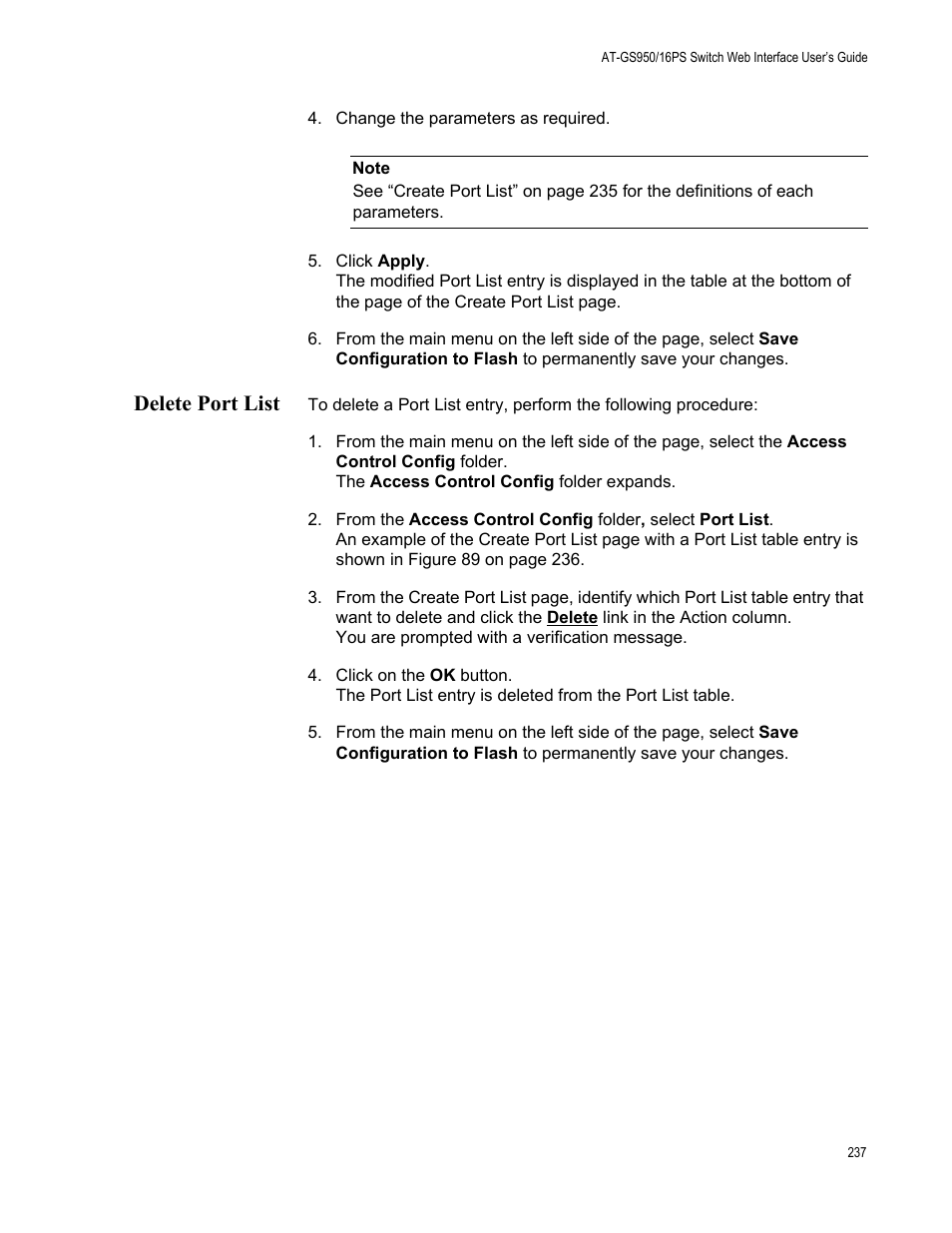 Delete port list | Allied Telesis AT-GS950/16PS User Manual | Page 237 / 386