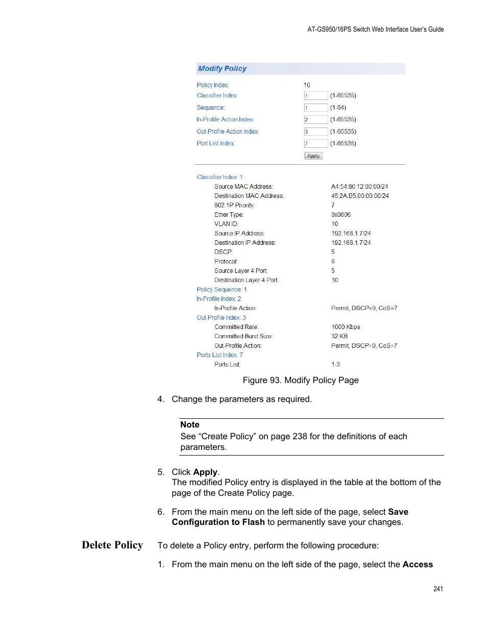 Delete policy | Allied Telesis AT-GS950/16PS User Manual | Page 241 / 386
