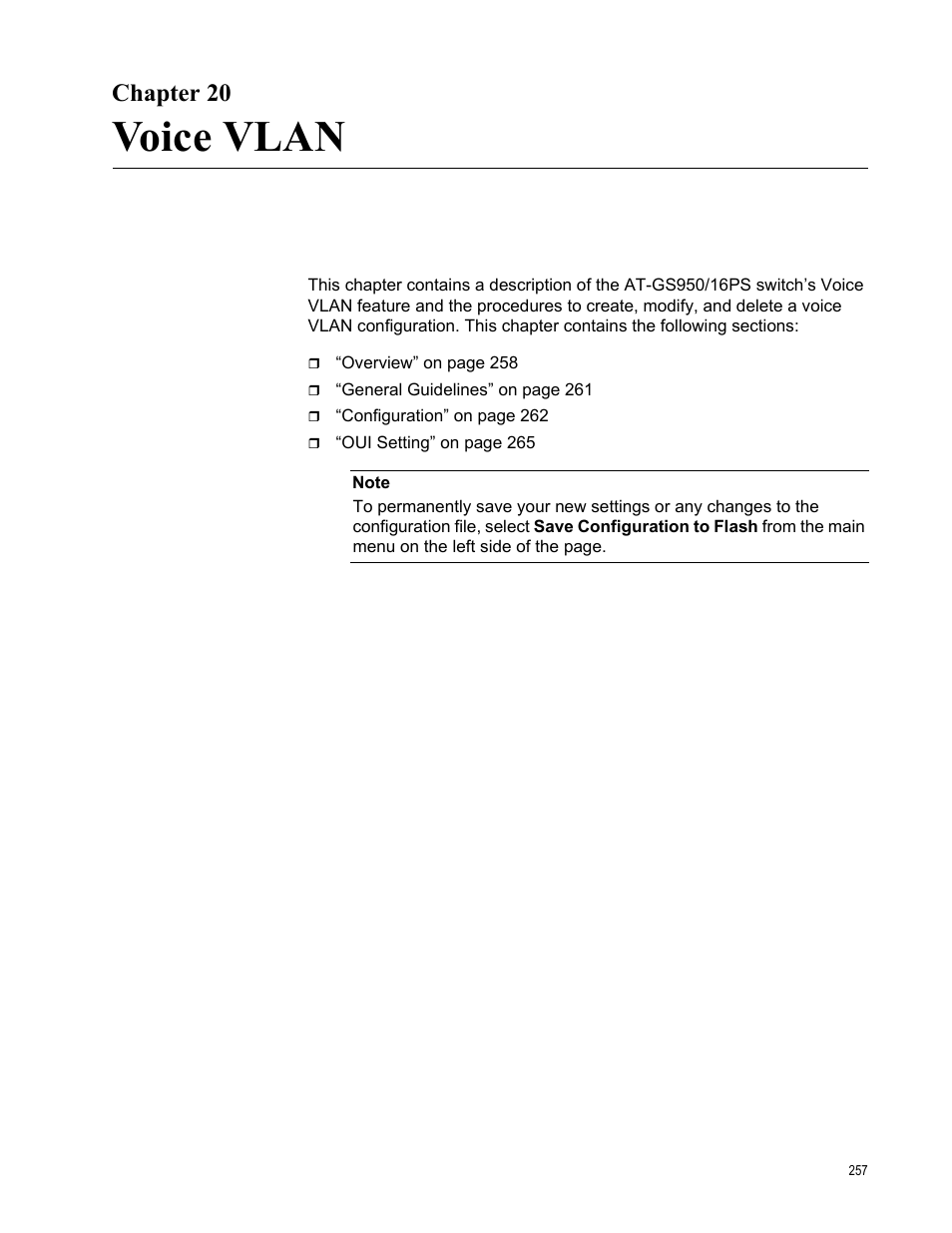 Chapter 20, Voice vlan | Allied Telesis AT-GS950/16PS User Manual | Page 257 / 386