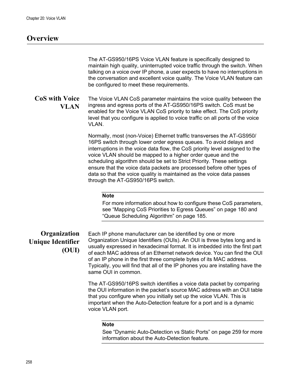 Overview, Cos with voice vlan, Organization unique identifier (oui) | Allied Telesis AT-GS950/16PS User Manual | Page 258 / 386