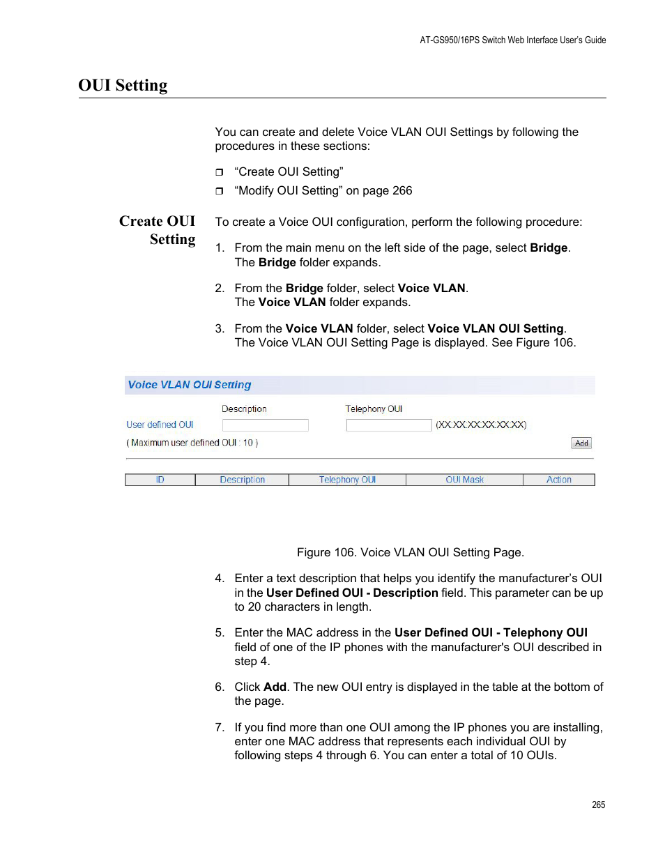 Oui setting, Create oui setting | Allied Telesis AT-GS950/16PS User Manual | Page 265 / 386