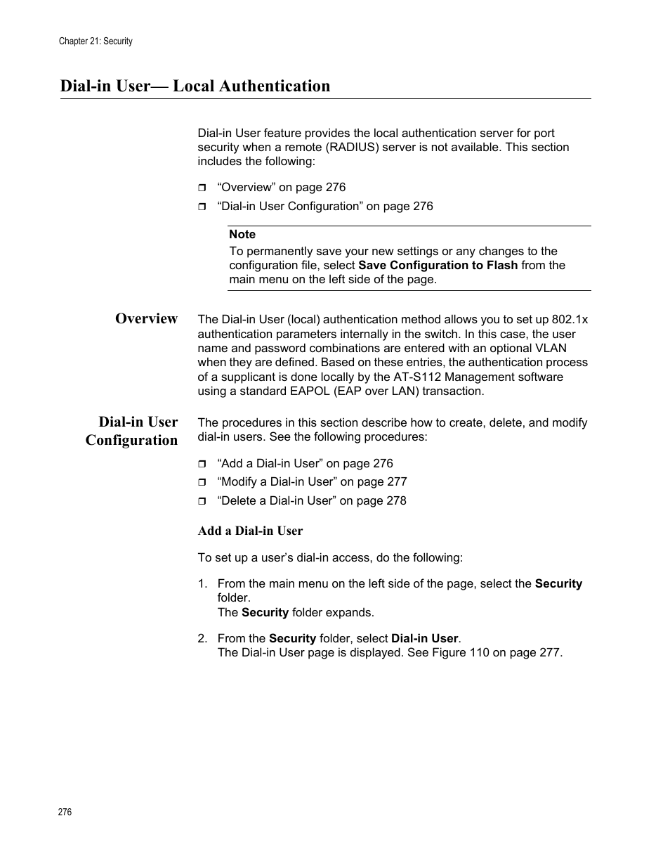 Dial-in user— local authentication, Overview, Dial-in user configuration | Overview dial-in user configuration | Allied Telesis AT-GS950/16PS User Manual | Page 276 / 386