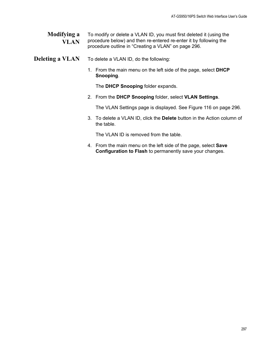 Modifying a vlan, Deleting a vlan, Modifying a vlan deleting a vlan | Allied Telesis AT-GS950/16PS User Manual | Page 297 / 386