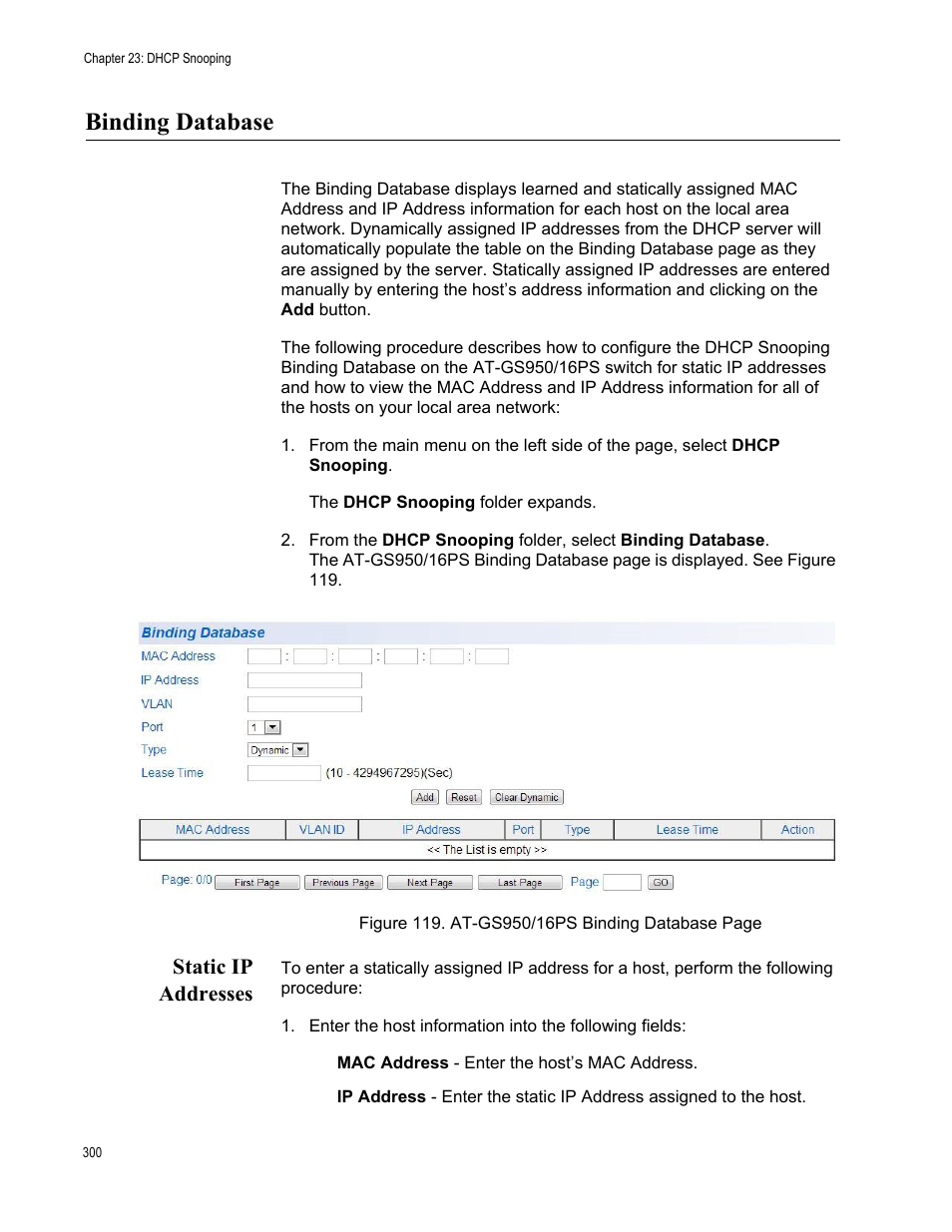 Binding database, Static ip addresses | Allied Telesis AT-GS950/16PS User Manual | Page 300 / 386