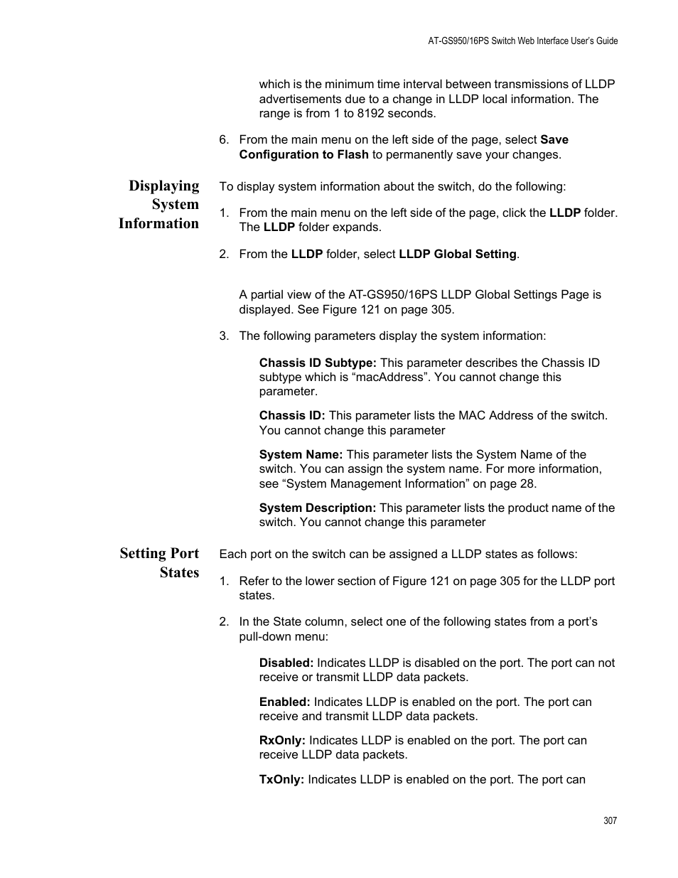 Displaying system information, Setting port states, Displaying system information setting port states | Allied Telesis AT-GS950/16PS User Manual | Page 307 / 386