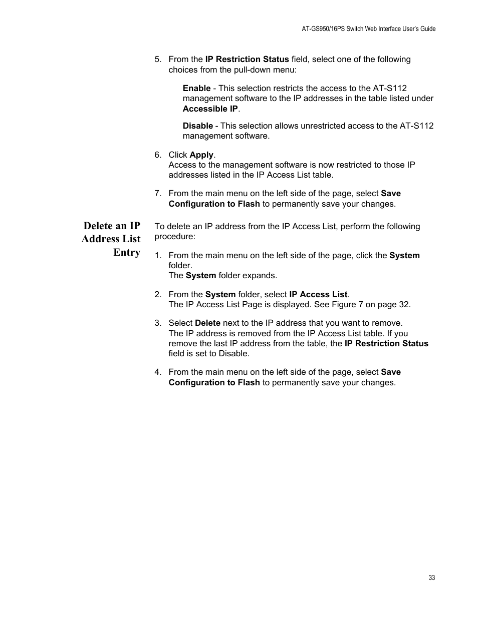 Delete an ip address list entry | Allied Telesis AT-GS950/16PS User Manual | Page 33 / 386