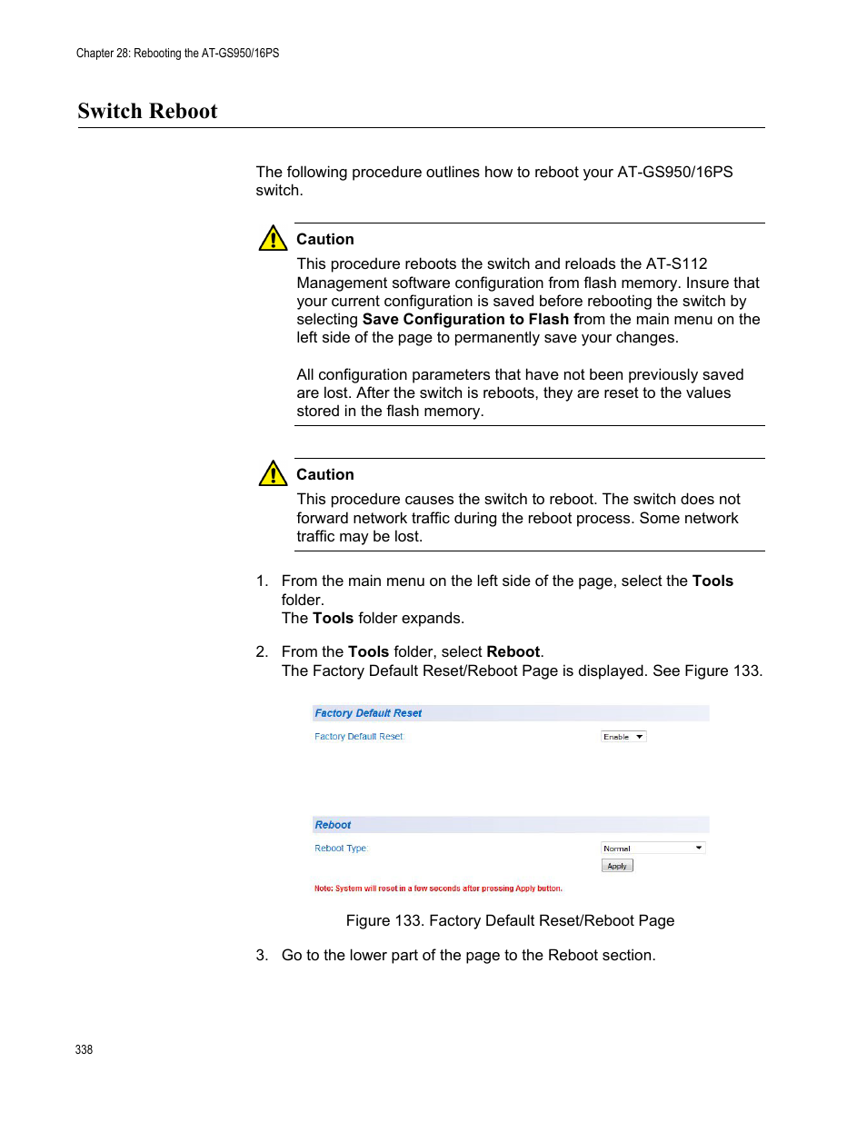 Switch reboot | Allied Telesis AT-GS950/16PS User Manual | Page 338 / 386