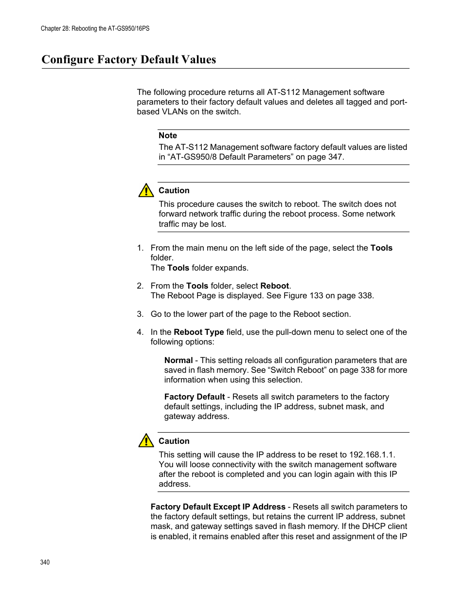 Configure factory default values, Configure factory default, Values | Allied Telesis AT-GS950/16PS User Manual | Page 340 / 386