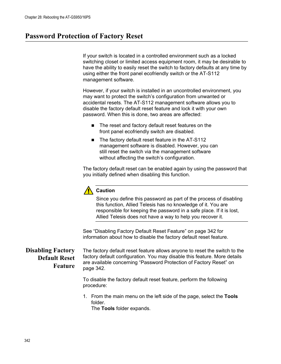 Password protection of factory reset, Disabling factory default reset feature | Allied Telesis AT-GS950/16PS User Manual | Page 342 / 386
